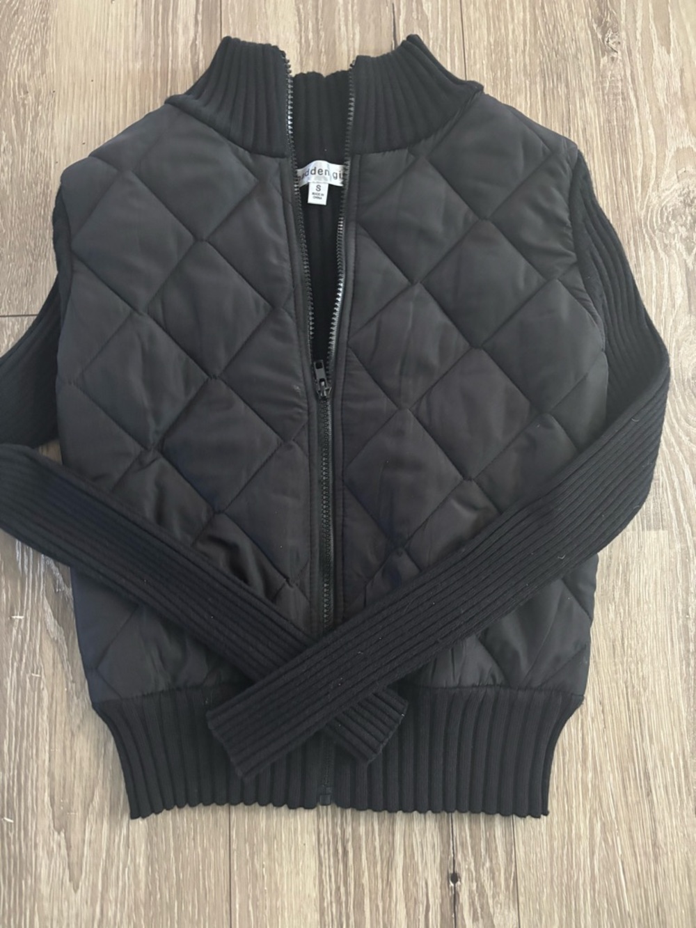 Madden Girl Black Quilted Bomber Jacket with Ribbed Collar